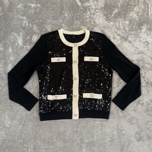 Talbots Women's Black Sequin Jacket Cardigan Sweater Crewneck Small Petite